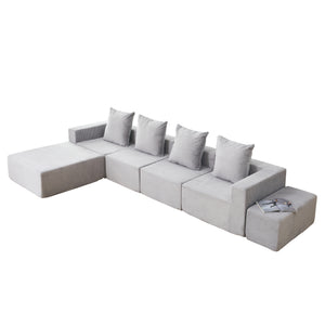 English Elm L-shaped Modular Sectional with Ottoman Corduroy Upholstery Four Seat Living Room Sofa Gray W2699S00082
