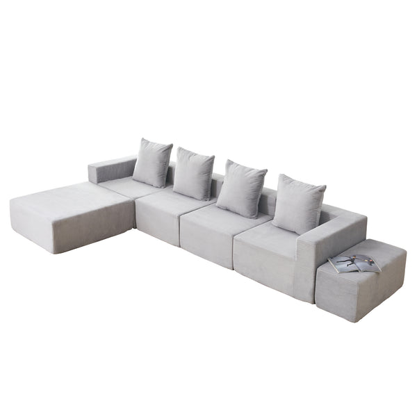English Elm L-shaped Modular Sectional with Ottoman Corduroy Upholstery Four Seat Living Room Sofa Gray W2699S00082