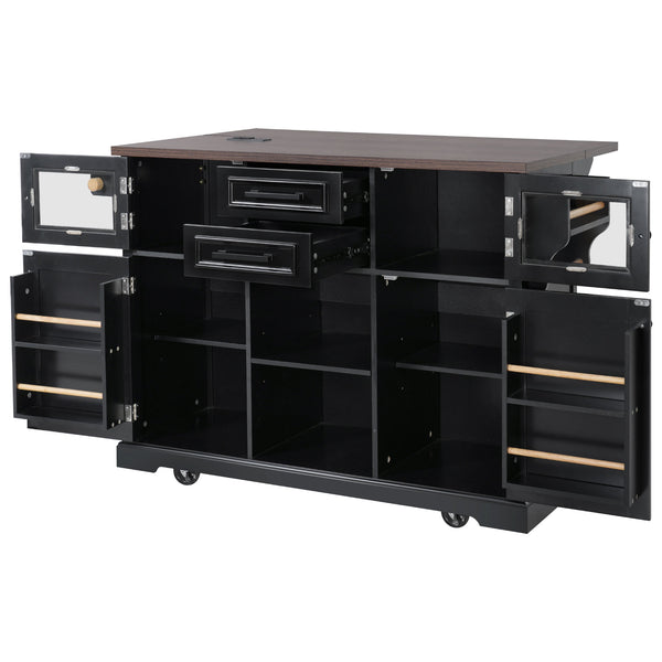 English Elm K&K 54.9" Farmhouse Kitchen Island Cart with Drop Leaf, Charging Station, Barn Doors & Glass Pane Black N707P300277B