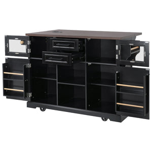 English Elm K&k Farmhouse Rolling Kitchen Island with Barn Doors Power Outlet and Drop Leaf Black N707S300277B