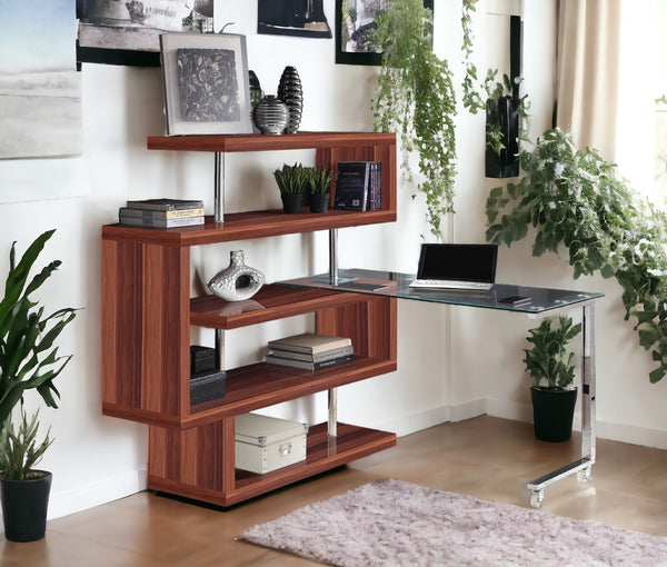 English Elm Buck Buck II Clear Glass Writing Desk with Chrome High Gloss Walnut Finish, Shelves, Wheels B2726S00028