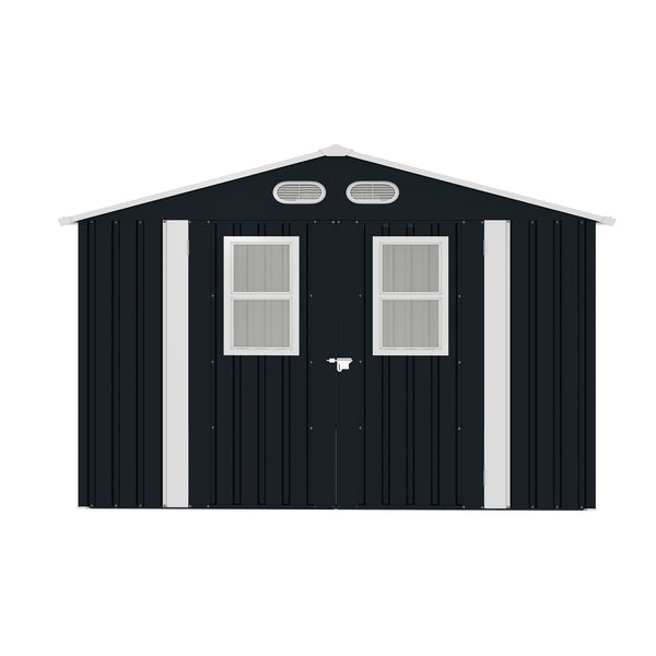 English Elm Outdoor Metal Storage Shed 8x8 Ft with Four Windows and Lockable Double Doors Dark Gray W1598S00041
