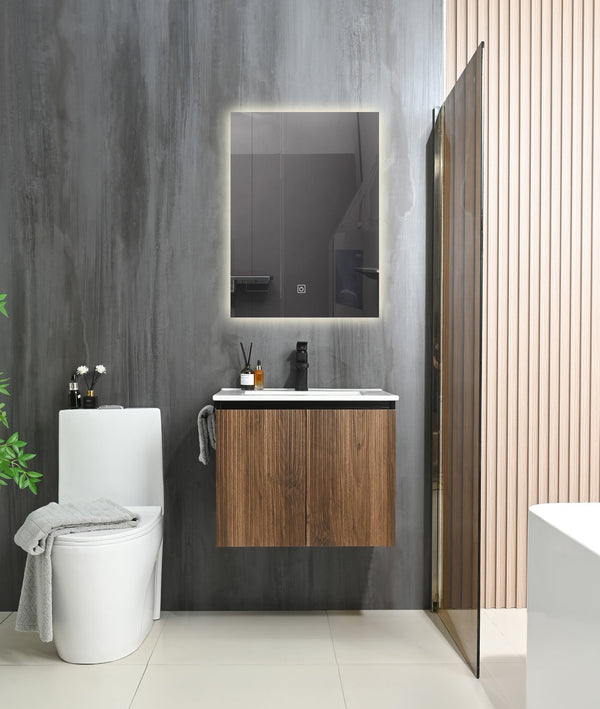 English Elm Goodyo 24" Wall-Mount Floating Bathroom Vanity Cabinet with Soft-Close Doors Stainless Towel Rack Black + Dark Walnut D163120298