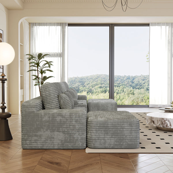 English Elm 150''Width 5-piece Sectional Sofa with Console, Convertible U-Shape, Wireless Charging & Bluetooth Speaker LIGHT GREY W579S00054