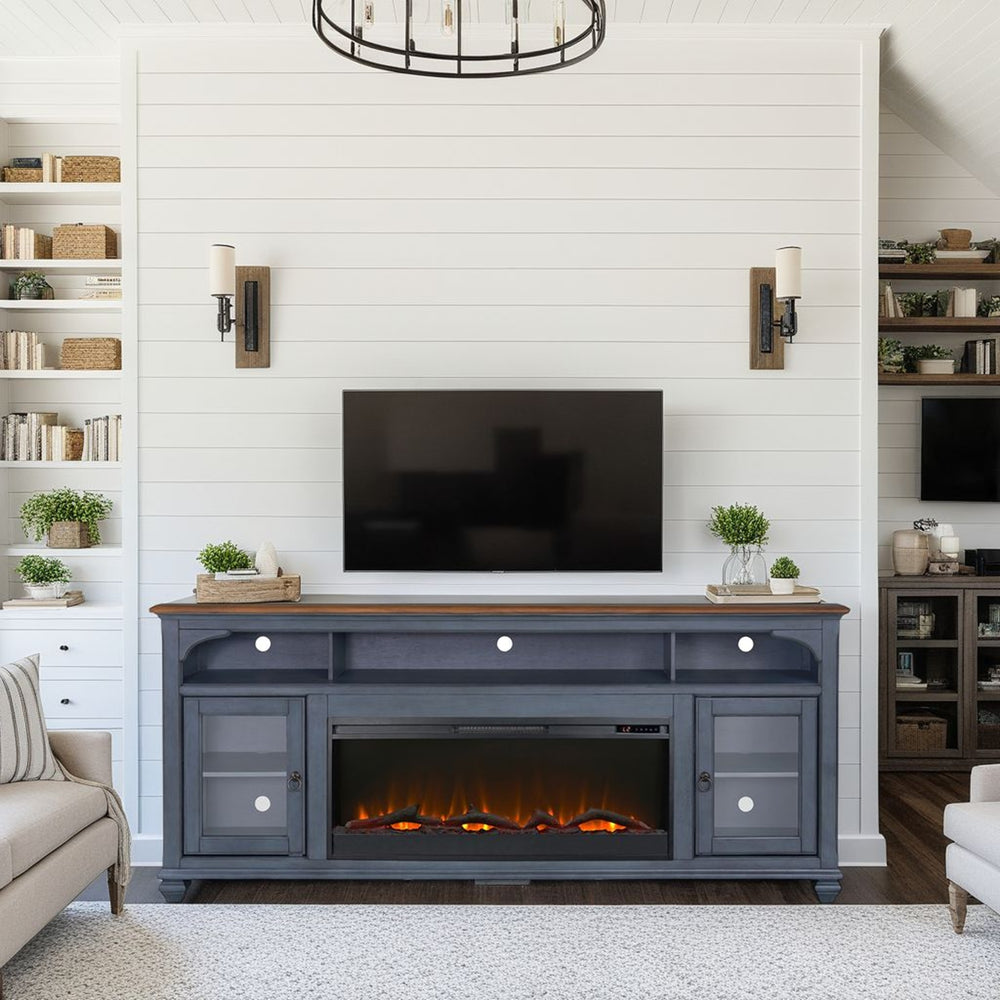 English Elm 86 Coastal Corduroy Blue Fireplace TV Stand for TVs to 95" — Rustic Rubberwood, Glass Doors, Electric Heat B108P193072