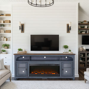 English Elm 86 Coastal Corduroy Blue Fireplace TV Stand for TVs to 95" — Rustic Rubberwood, Glass Doors, Electric Heat B108P193072