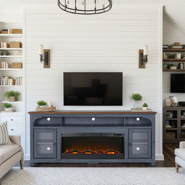 English Elm 86 Coastal Corduroy Blue Fireplace TV Stand for TVs to 95" — Rustic Rubberwood, Glass Doors, Electric Heat B108P193072