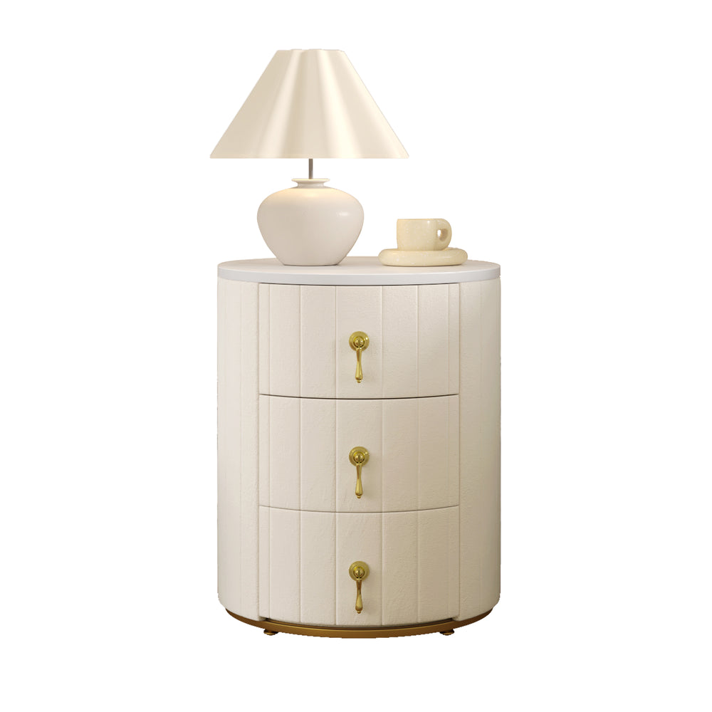 English Elm Upholstered Rounded Nightstand with 3 Spacious Drawers, Marbled Top and Metal Handles, Fully Assembled Beige 24 L x 19.5 W x 18.89 H N733P272609A