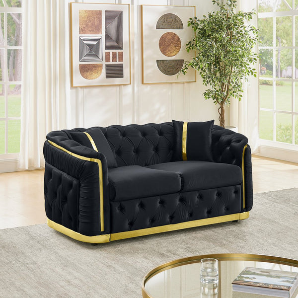 English Elm 62.6 Inch Chesterfield Velvet Loveseat with Gold Steel Trim Button Tufted Luxury Seating Black W1191S00090