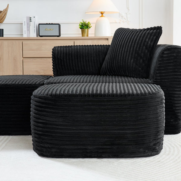 English Elm 114" Cloud Sectional Couch with L-Shape Chaise Modular Corduroy Sofa with Movable Ottoman, No Assembly Required, Plush Comfort for Living Spaces Black W1117P371650