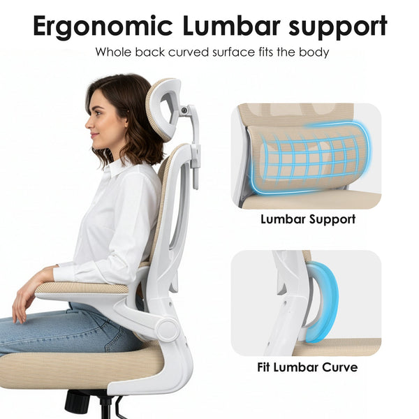 English Elm Ergonomic Mesh High Back Desk Chair with Lumbar Support Flip up Arms and Headrest Khaki,White T3623P434272