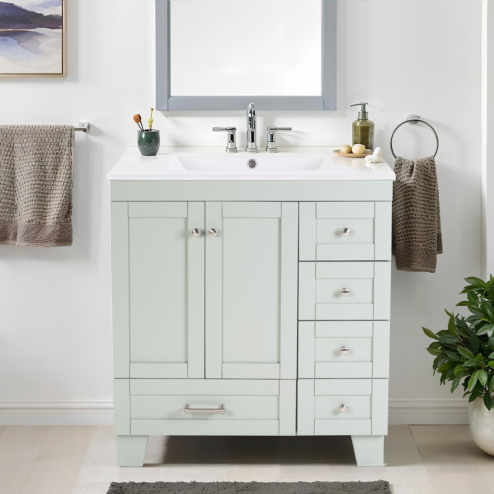 English Elm 30" Vanity with Ceramic Sink and Solid Wood Frame, Soft-Close Drawers, Compact Coastal Style, Durable Construction Blue+Grey W2896P344074