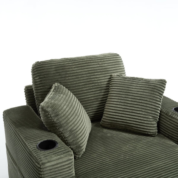 English Elm [New]Corduroy Upholstered Chaise Lounge Sofa with Detachable Cushions, Deep Seat, Cup Holders Green W2120P322754
