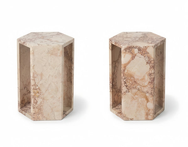 English Elm Genuine Solid Marble Hexagonal Pedestal End Table Polished Stone for Modern Living Pink W1696P407998