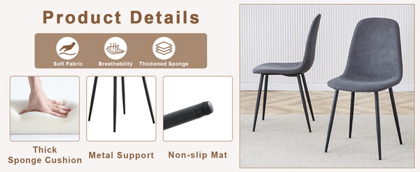 English Elm Table Set - 42" Modern Round Dining Table With 4 Dark Gray Linen Chairs & Sturdy Black Metal Legs W1151S03753-GIGA