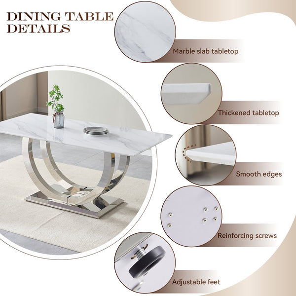 English Elm 69.30 Inch Rectangular Dining Table Marble Pattern Top with Polished Steel Legs Seats Six W3357S00003