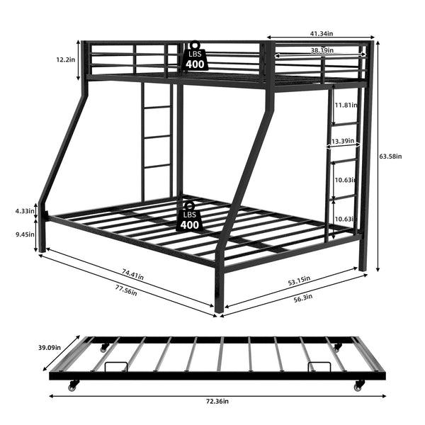 English Elm High Stability Square Tube Bunk Bed With Rolling Trundle & Ladder - Modern Black Design For Space-Saving W1935P360871