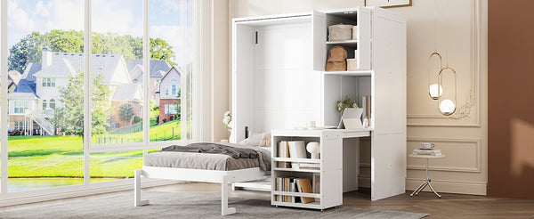 English Elm Twin Size Rotating Murphy Bed With Desk, Bookshelf & Storage – Smart Space-Saving Solution In White N820S00066K-GIGA