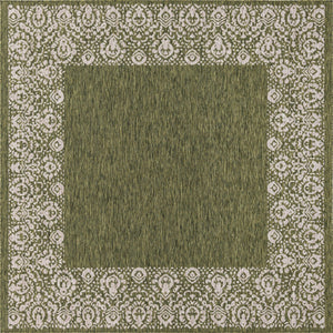 Unique Loom Outdoor Border Floral Border Machine Made Floral Rug Green, Ivory/Gray 7' 10" x 7' 10"