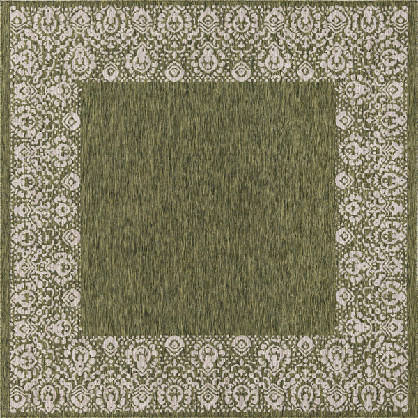 Unique Loom Outdoor Border Floral Border Machine Made Floral Rug Green, Ivory/Gray 7' 10" x 7' 10"