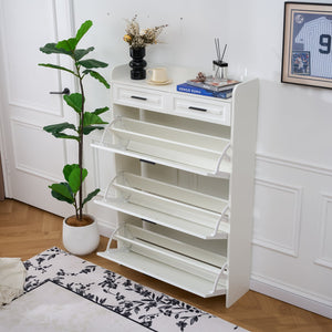 English Elm Two drawer three-fold shoe cabinet with ample vertical shelving, smooth finish, compact entryway storage White W3871P368975