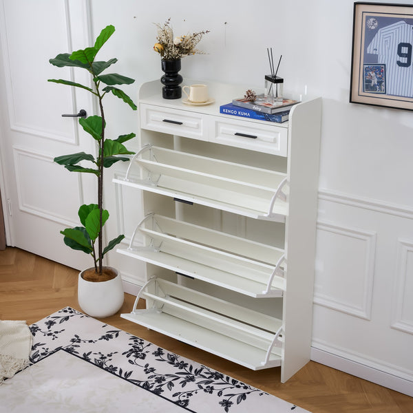 English Elm Two drawer three-fold shoe cabinet with ample vertical shelving, smooth finish, compact entryway storage White W3871P368975
