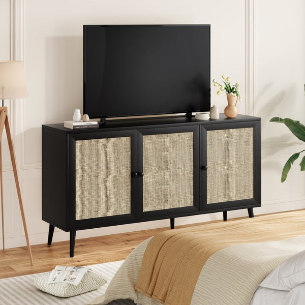 English Elm Sideboard Buffet Cabinet With 3 Rattan Doors - Modern Storage Console For Dining Room & Entryway T3623P380139-GIGA