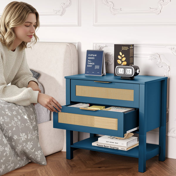 English Elm Rattan Front Boho Coastal Nightstand with Gold Pulls Open Shelf and Woven Drawer Accents Turquoise T3210P471549