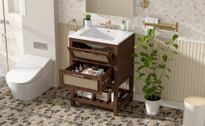 English Elm 24" Rattan Front Bathroom Vanity with Ceramic Sink Deep Drawer Storage Mdf Cabinet Dark Brown N710P293990P