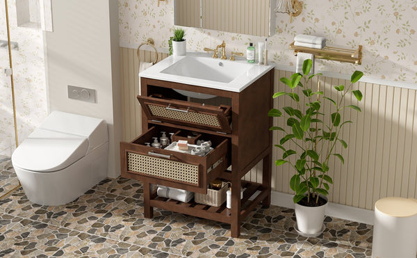 English Elm 24" Rattan Front Bathroom Vanity with Ceramic Sink Deep Drawer Storage Mdf Cabinet Dark Brown N710P293990P
