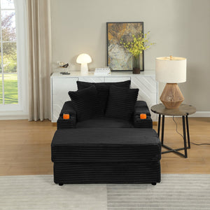 English Elm sofa Oversized Corduroy Deep-Seat Chaise with Ottoman and Lumbar Support — Plush, Sturdy Comfort Black W1420S00008