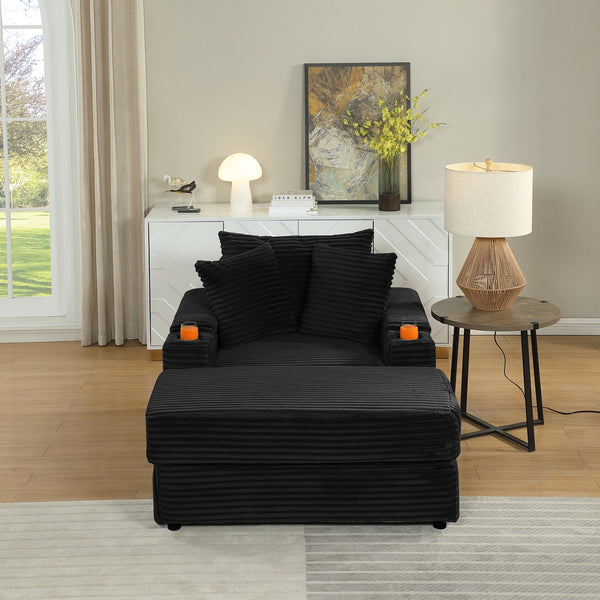 English Elm sofa Oversized Corduroy Deep-Seat Chaise with Ottoman and Lumbar Support — Plush, Sturdy Comfort Black W1420S00008