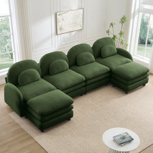 English Elm Teddy Fleece Curved Modular Sectional Sofa with Movable Ottomans for Cozy Living Rooms Green W5656S00092