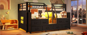 English Elm Twin Low Loft Bed with Shelves Fabric Drawers and Under Bed Study Nook Metal Frame Black W5305S00043