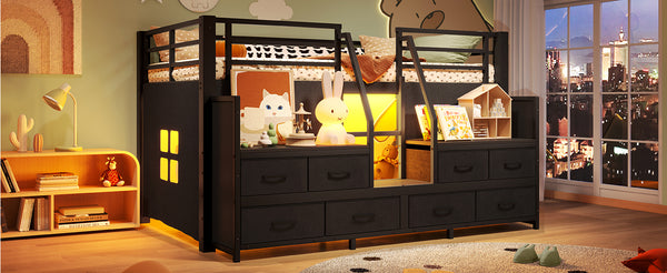English Elm Twin Low Loft Bed with Shelves Fabric Drawers and Under Bed Study Nook Metal Frame Black W5305S00043