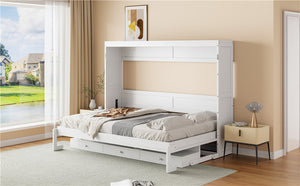 English Elm Queen Murphy Bed Cabinet with Vanity Desk Hydraulic Lift Mirror Distressed Finish White LP000766AAK-1