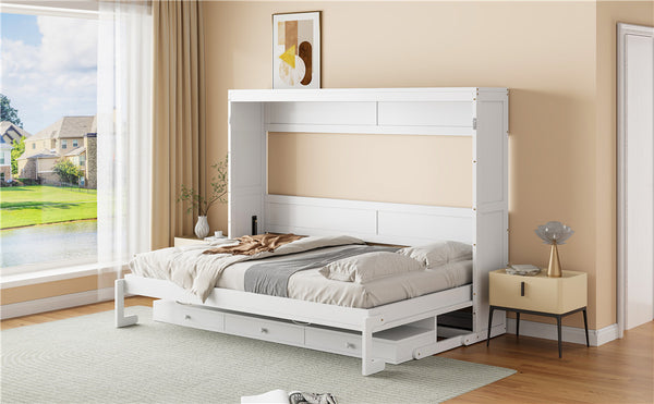 English Elm Queen Murphy Bed Cabinet with Vanity Desk Hydraulic Lift Mirror Distressed Finish White LP000766AAK-1