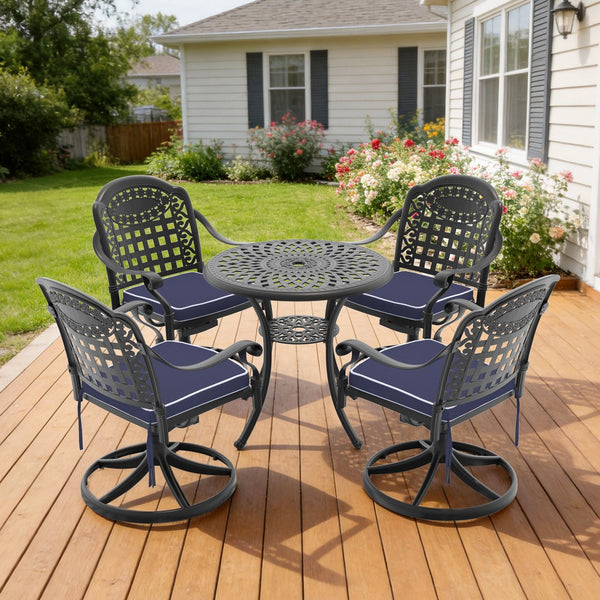 English Elm 5-piece Cast Aluminum Outdoor Dining Set with Swivel Chairs and Ornate Round Patio Table W1710S00332