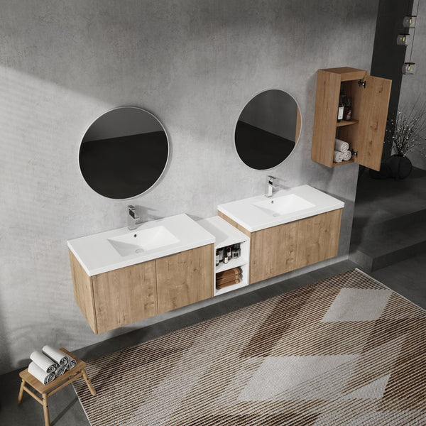 English Elm 84" Wall-Mounted Bathroom Vanity With Soft-Close Doors & Resin Sinks - Modern Storage Solution! W999S00230