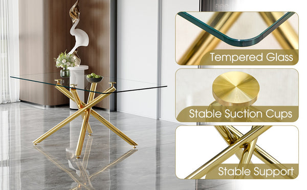 English Elm Table Set: Modern 9-Piece Luxurious Transparent Glass Dining Set With 8 Black Pu Chairs & Gold Legs W1151S02590-GIGA