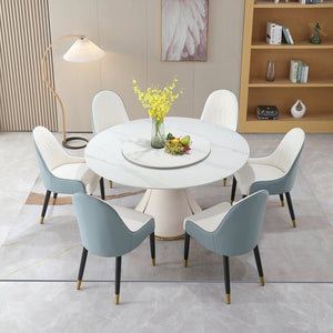 English Elm 59.05"modern Sintered Stone Dining Table with Lazy Susan and Six Leather Chairs W509S00185
