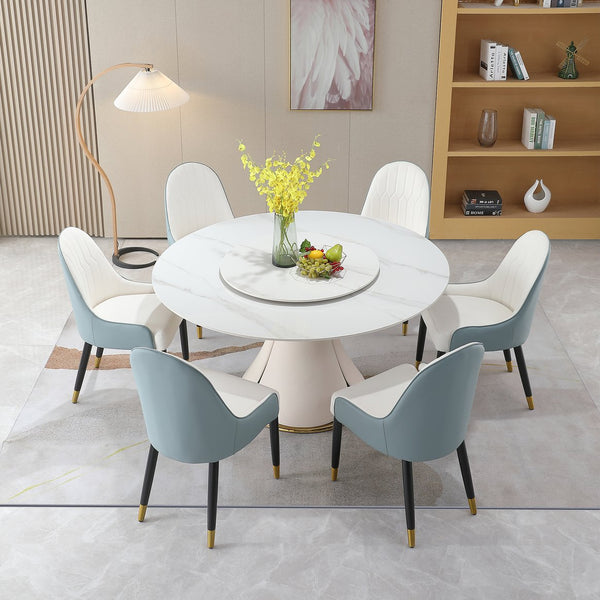 English Elm 59.05"modern Sintered Stone Dining Table with Lazy Susan and Six Leather Chairs W509S00185