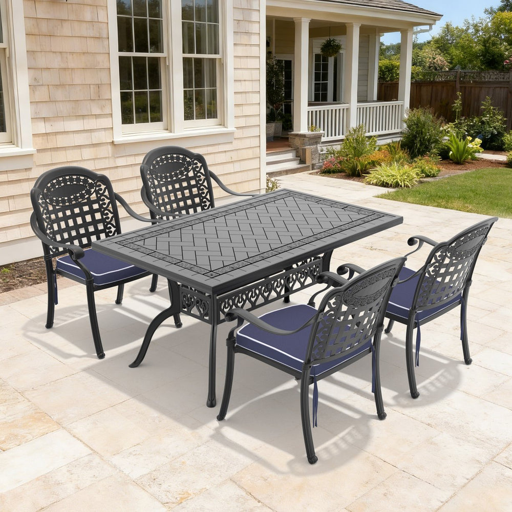 English Elm 5-piece Cast Aluminum Outdoor Dining Set Ornate Relief Patio Furniture Stackable Chairs W1710S00641