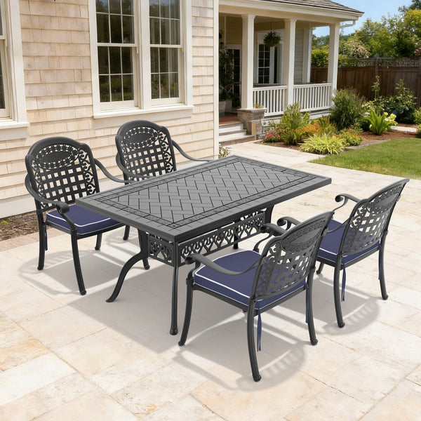 English Elm 5-piece Cast Aluminum Outdoor Dining Set Ornate Relief Patio Furniture Stackable Chairs W1710S00641