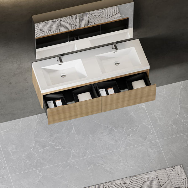 English Elm 60" Floating Oak Bathroom Vanity Dual Stone Resin Basins Soft Close Drawers Spa W1573P265204