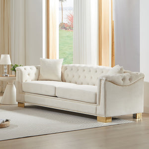 English Elm {video] Tufted Black Velvet Chesterfield Sofa with Gold Studs Three Seat Living Room Beige W1926S00096