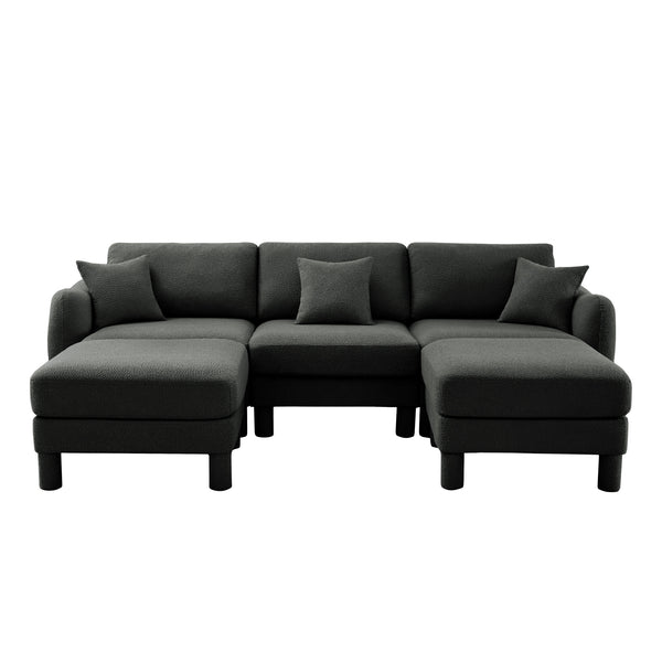 English Elm Boucle U-Shape Sectional Sofa With Shell Armrests & Movable Ottomans - Elegant Dark Grey Comfort W3041S00302