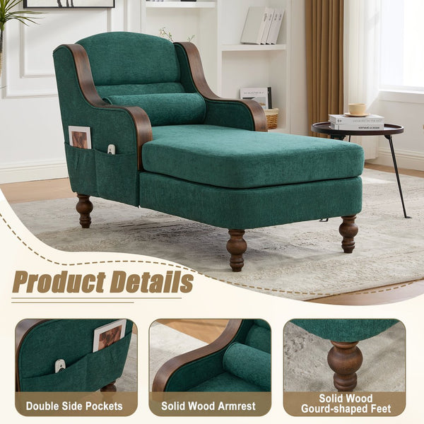 English Elm UNITED Oversized Chaise Lounge Sofa Bed with Solid Wood Arms, High-Resilience Foam, 800lb Capacity and Storage Pockets Emerald W1568S00207