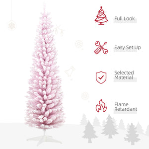 English Elm Homcom 6' Slim Pink Snow Flocked Pencil Christmas Tree For Indoor Decor - Realistic Branches & Easy Setup W2225P229529