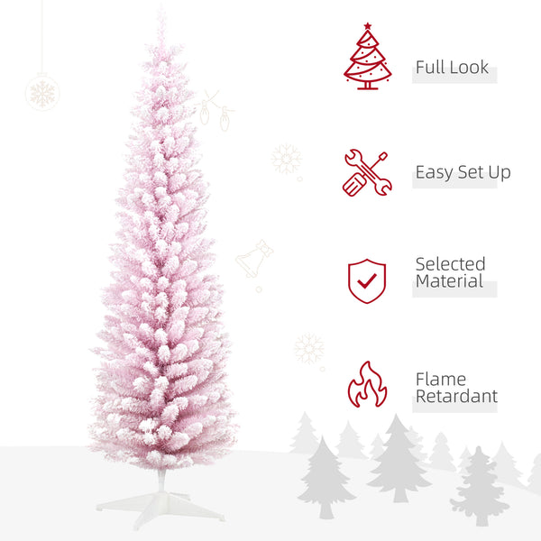 English Elm Homcom 6' Slim Pink Snow Flocked Pencil Christmas Tree For Indoor Decor - Realistic Branches & Easy Setup W2225P229529
